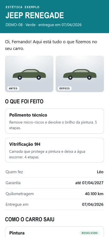 Ficha do Carro aberta no celular do cliente, com o que foi feito e a garantia.