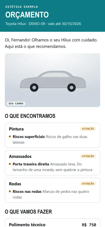 Orçamento aberto no celular do cliente, com o que foi encontrado no carro e o que vai ser feito.