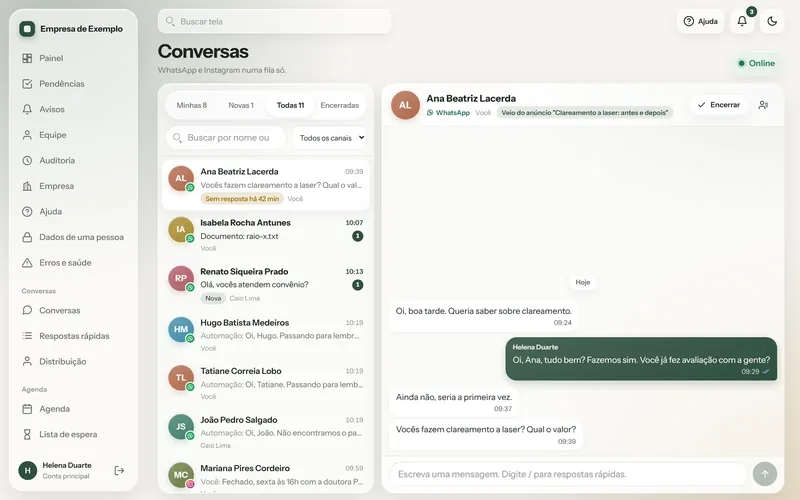 Tela de Conversas do sistema, com dados de demonstração de uma clínica odontológica de exemplo: uma conversa de WhatsApp com o nome de quem respondeu e o anúncio de onde a paciente veio.